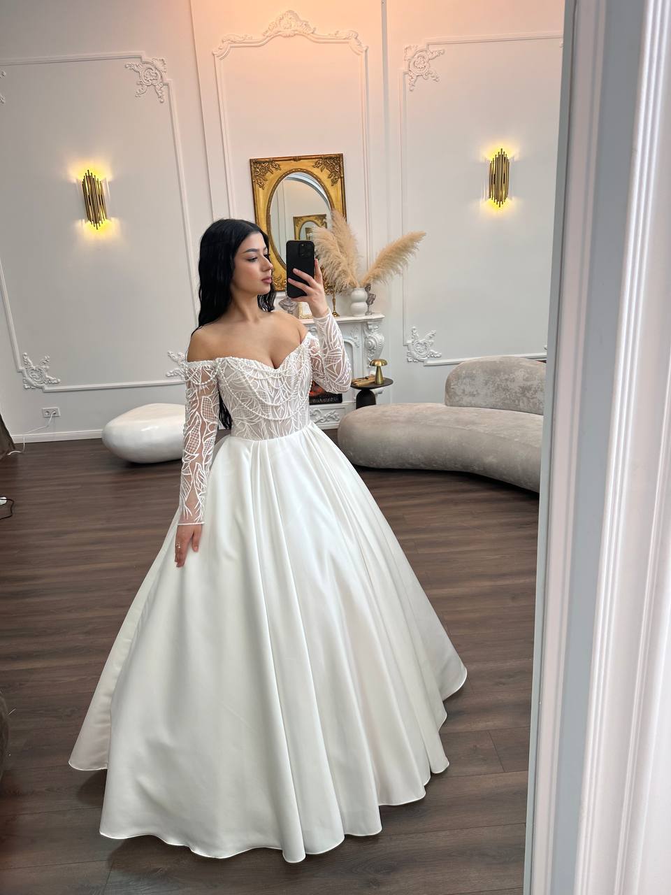 Off-Shoulder Satin Wedding Dress with Lace Corset