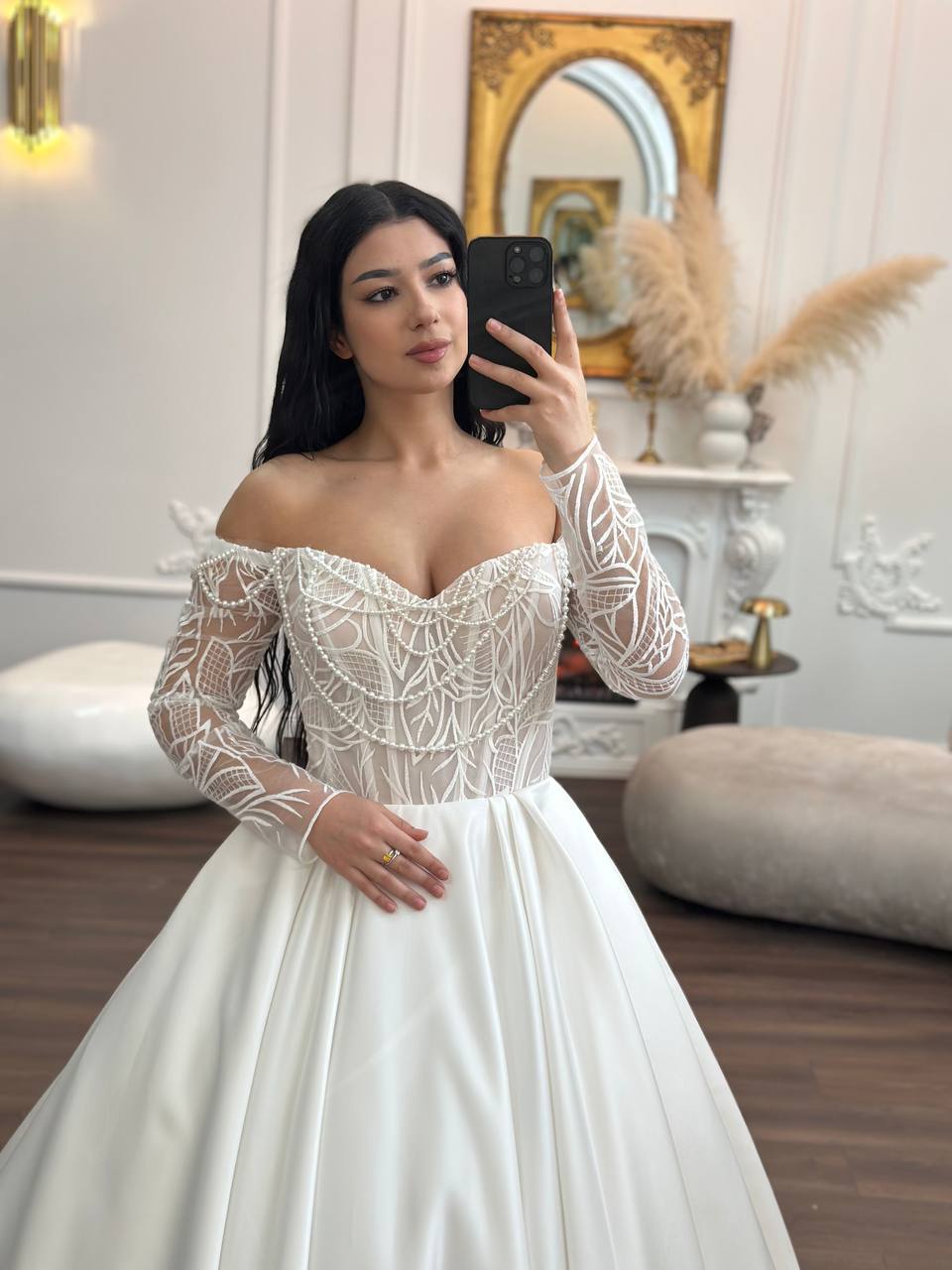 Off-Shoulder Satin Wedding Dress with Lace Corset | Elegant Princess Bridal Gown in Ivory