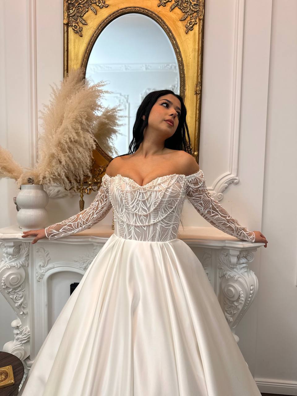 Off-Shoulder Satin Wedding Dress with Lace Corset