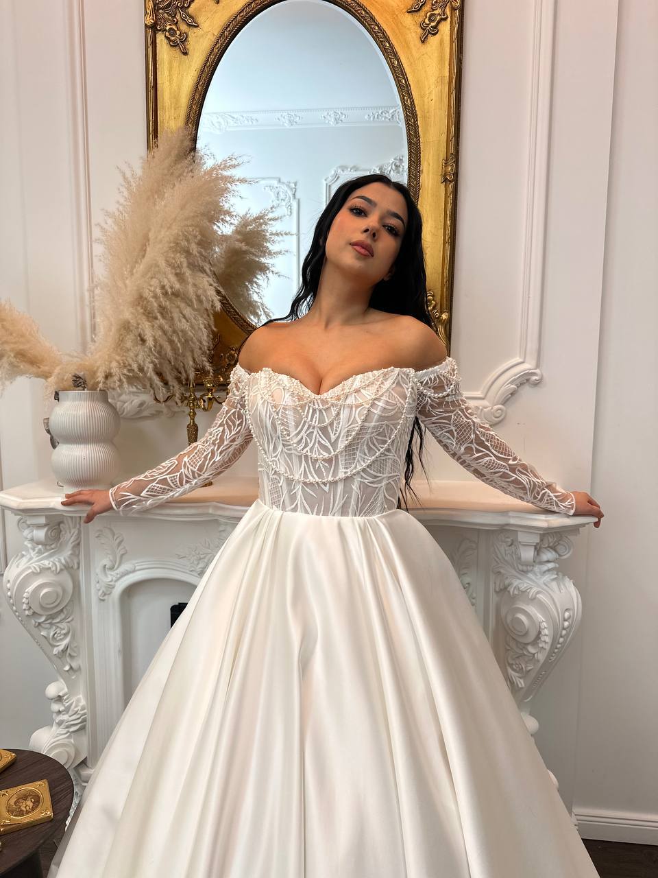 Off-Shoulder Satin Wedding Dress with Lace Corset