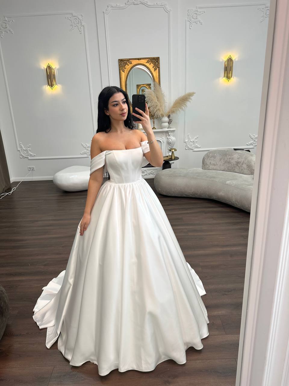 Classic Off-Shoulder Satin Wedding Dress | Elegant Princess Ball Gown in Ivory