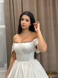 Classic Off-Shoulder Satin Wedding Dress | Elegant Princess Ball Gown in Ivory