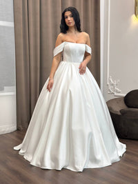 Classic Off-Shoulder Satin Wedding Dress | Elegant Princess Ball Gown in Ivory