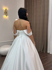 Classic Off-Shoulder Satin Wedding Dress | Elegant Princess Ball Gown in Ivory