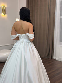 Classic Off-Shoulder Satin Wedding Dress | Elegant Princess Ball Gown in Ivory