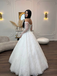 Romantic Lace Off-Shoulder Wedding Dress | Princess Ball Gown with Long Sleeves