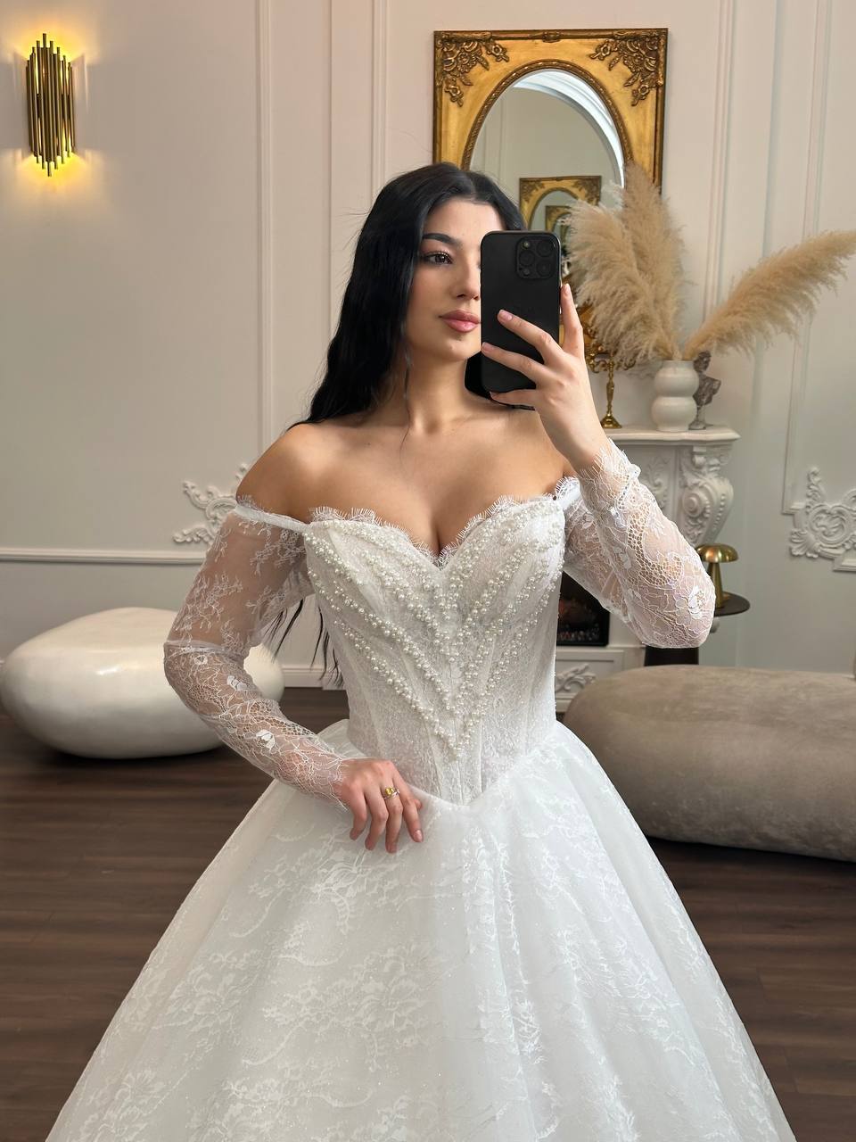 Romantic Lace Off-Shoulder Wedding Dress | Princess Ball Gown with Long Sleeves