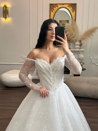Romantic Lace Off-Shoulder Wedding Dress | Princess Ball Gown with Long Sleeves