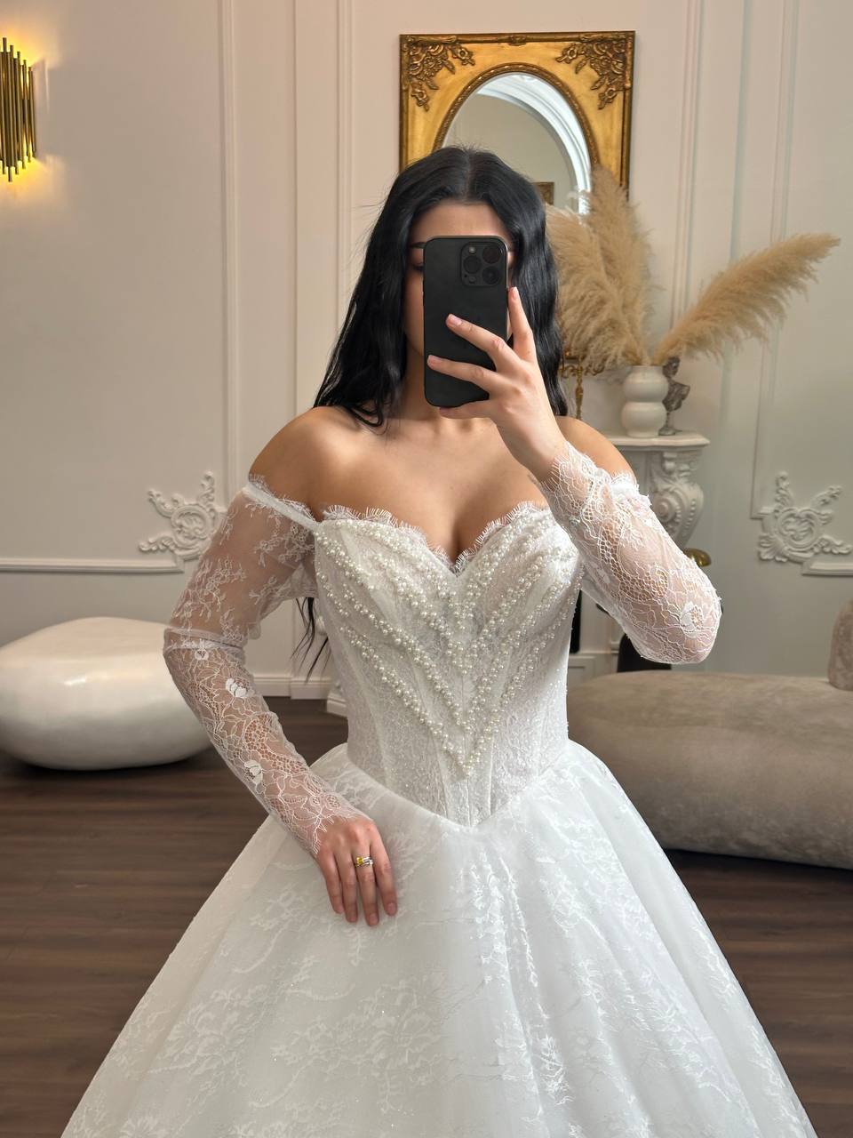 Romantic Lace Off-Shoulder Wedding Dress | Princess Ball Gown with Long Sleeves