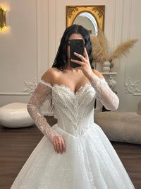 Romantic Lace Off-Shoulder Wedding Dress | Princess Ball Gown with Long Sleeves