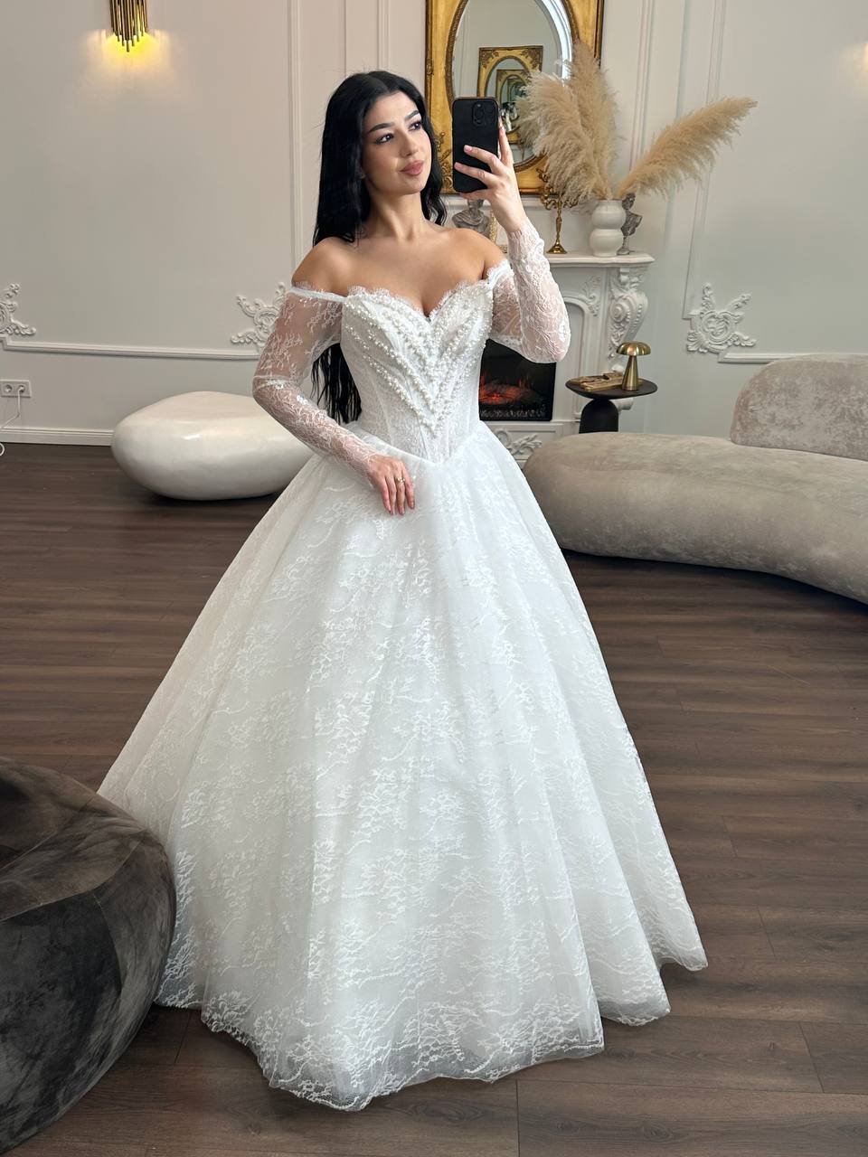 Romantic Lace Off-Shoulder Wedding Dress | Princess Ball Gown with Long Sleeves
