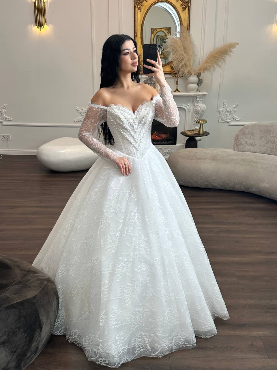 Romantic Lace Off-Shoulder Wedding Dress | Princess Ball Gown with Long Sleeves
