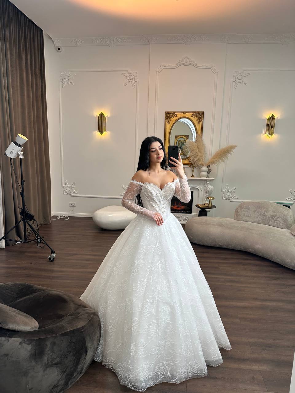 Romantic Lace Off-Shoulder Wedding Dress | Princess Ball Gown with Long Sleeves