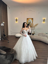 Romantic Lace Off-Shoulder Wedding Dress | Princess Ball Gown with Long Sleeves