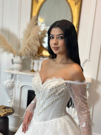 Romantic Lace Off-Shoulder Wedding Dress | Princess Ball Gown with Long Sleeves