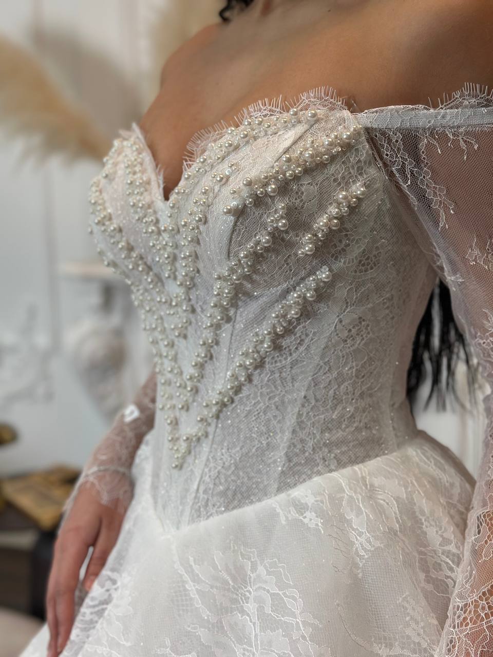 Romantic Lace Off-Shoulder Wedding Dress | Princess Ball Gown with Long Sleeves
