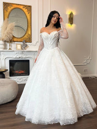 Romantic Lace Off-Shoulder Wedding Dress | Princess Ball Gown with Long Sleeves