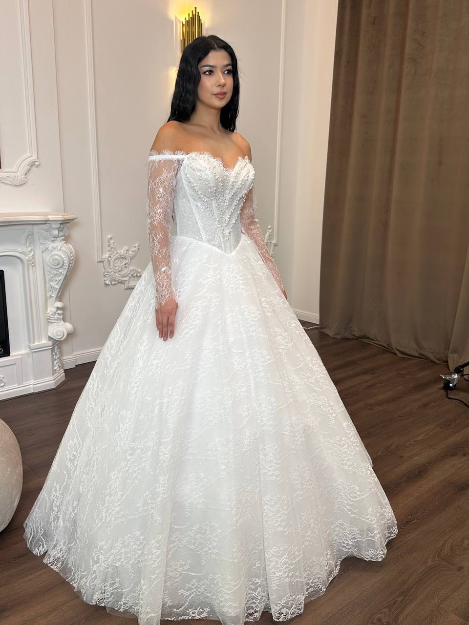 Romantic Lace Off-Shoulder Wedding Dress | Princess Ball Gown with Long Sleeves