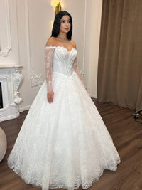 Romantic Lace Off-Shoulder Wedding Dress | Princess Ball Gown with Long Sleeves
