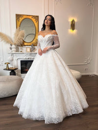 Romantic Lace Off-Shoulder Wedding Dress | Princess Ball Gown with Long Sleeves