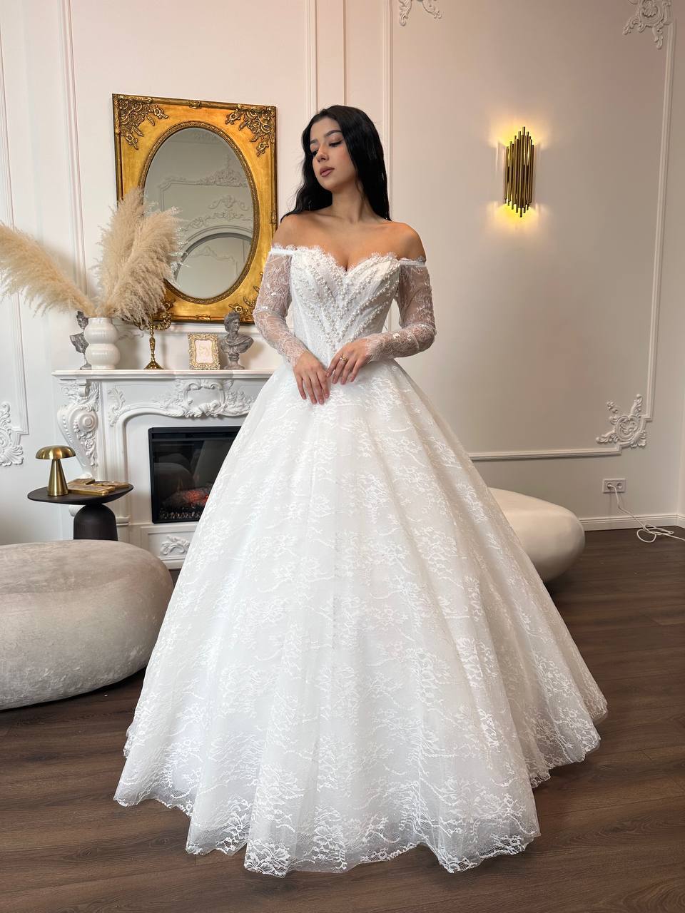 Romantic Lace Off-Shoulder Wedding Dress | Princess Ball Gown with Long Sleeves