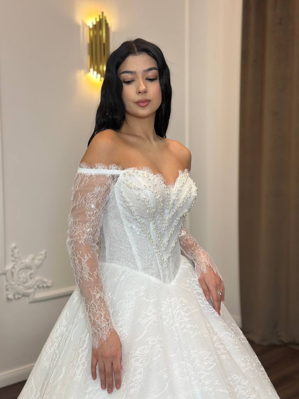 Romantic Lace Off-Shoulder Wedding Dress | Princess Ball Gown with Long Sleeves