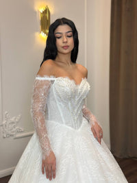 Romantic Lace Off-Shoulder Wedding Dress | Princess Ball Gown with Long Sleeves