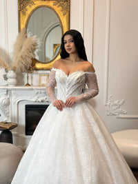 Romantic Lace Off-Shoulder Wedding Dress | Princess Ball Gown with Long Sleeves