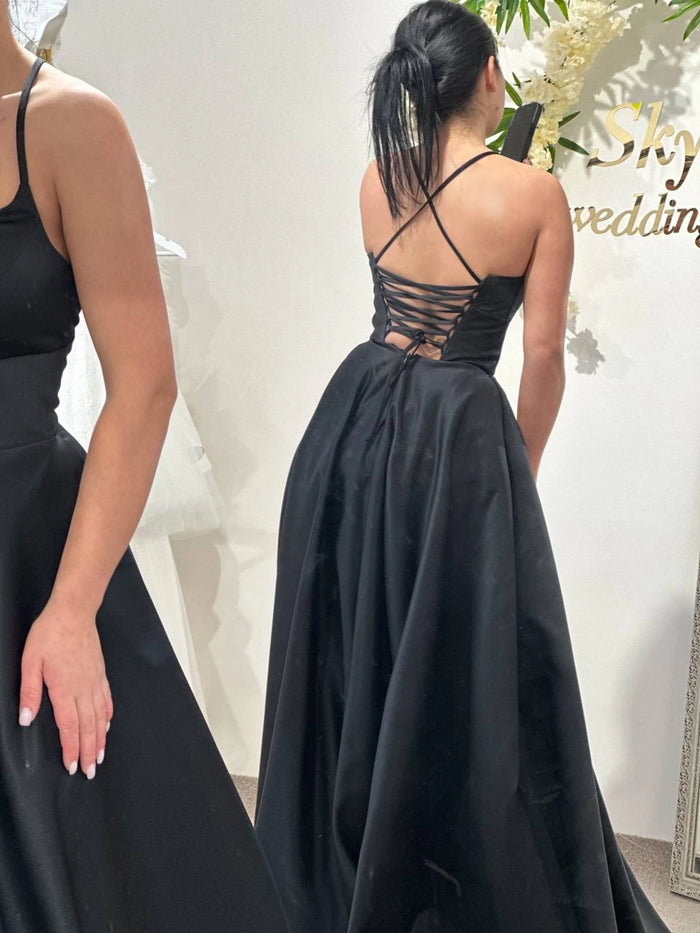 Black Minimalist Wedding Dress | Fairytale Lace Corset | Satin Reception Attire