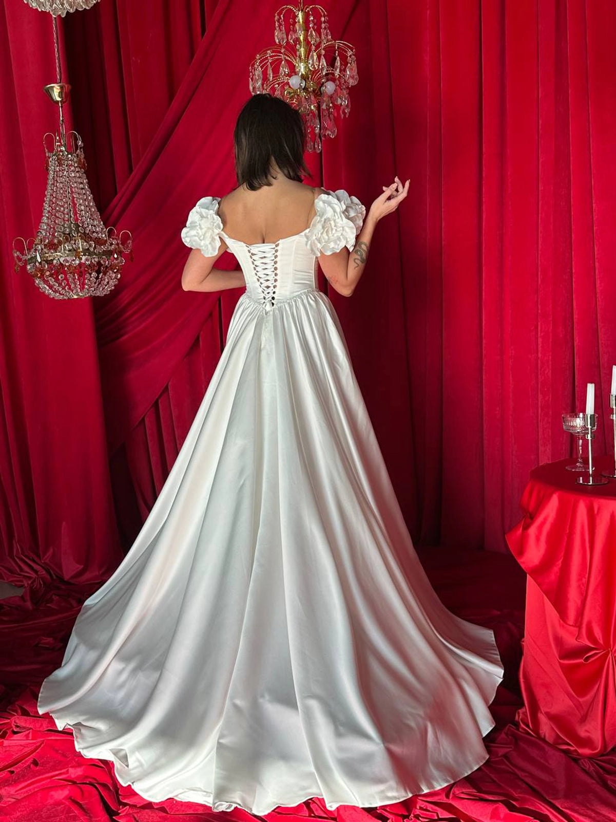 Bohemian Bride Gown | Floral Satin Bridal Dress | Romantic Wedding Dress