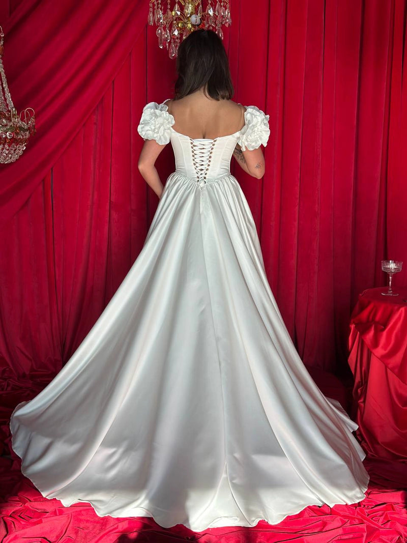 Bohemian Bride Gown | Floral Satin Bridal Dress | Romantic Wedding Dress