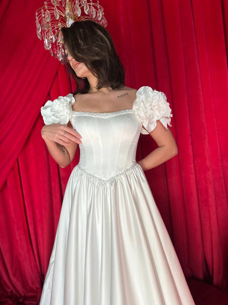 Bohemian Bride Gown | Floral Satin Bridal Dress | Romantic Wedding Dress