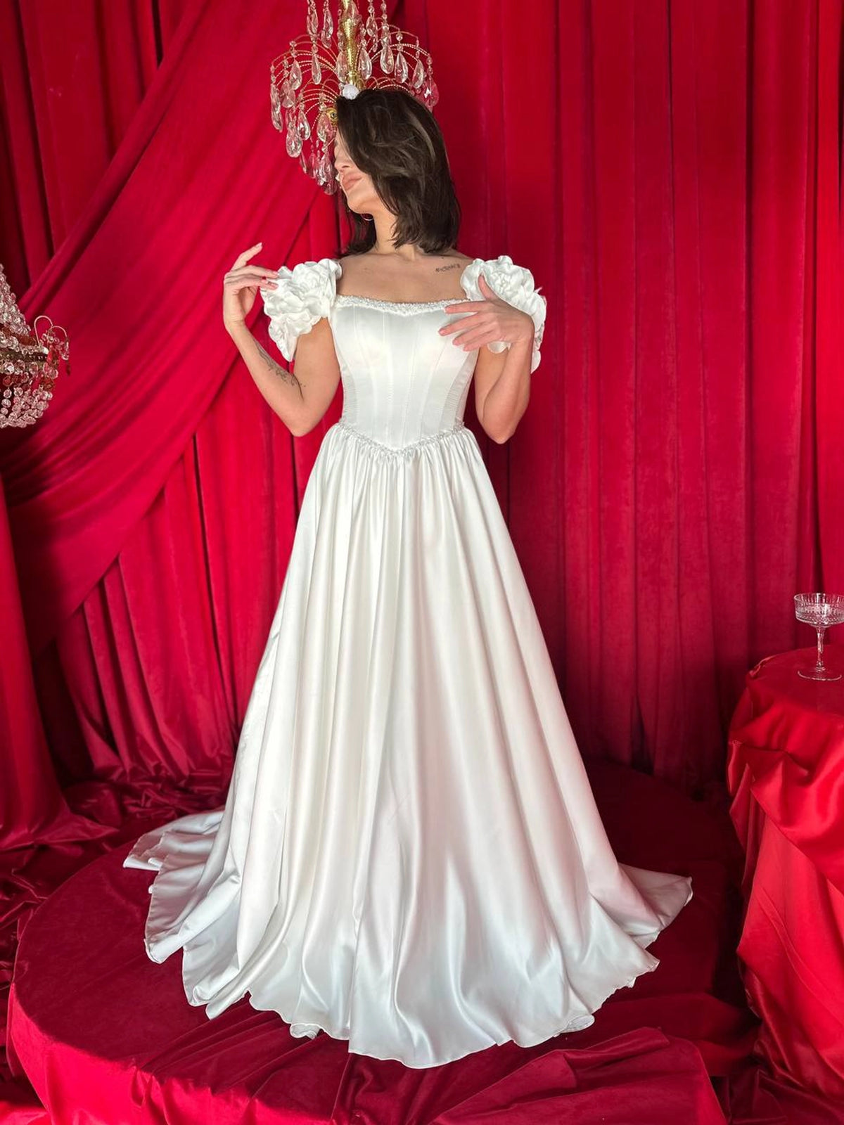 Bohemian Bride Gown | Floral Satin Bridal Dress | Romantic Wedding Dress