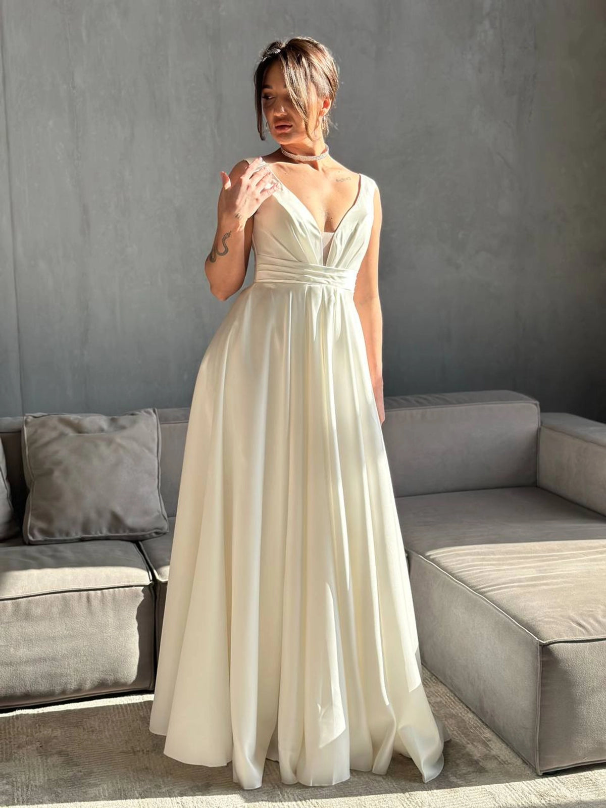Minimalist Wedding Dress with Deep V-Neck | Fairytale Lace Corset | Satin Boho Bridal Gown