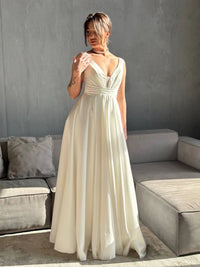 Minimalist Wedding Dress with Deep V-Neck | Fairytale Lace Corset | Satin Boho Bridal Gown