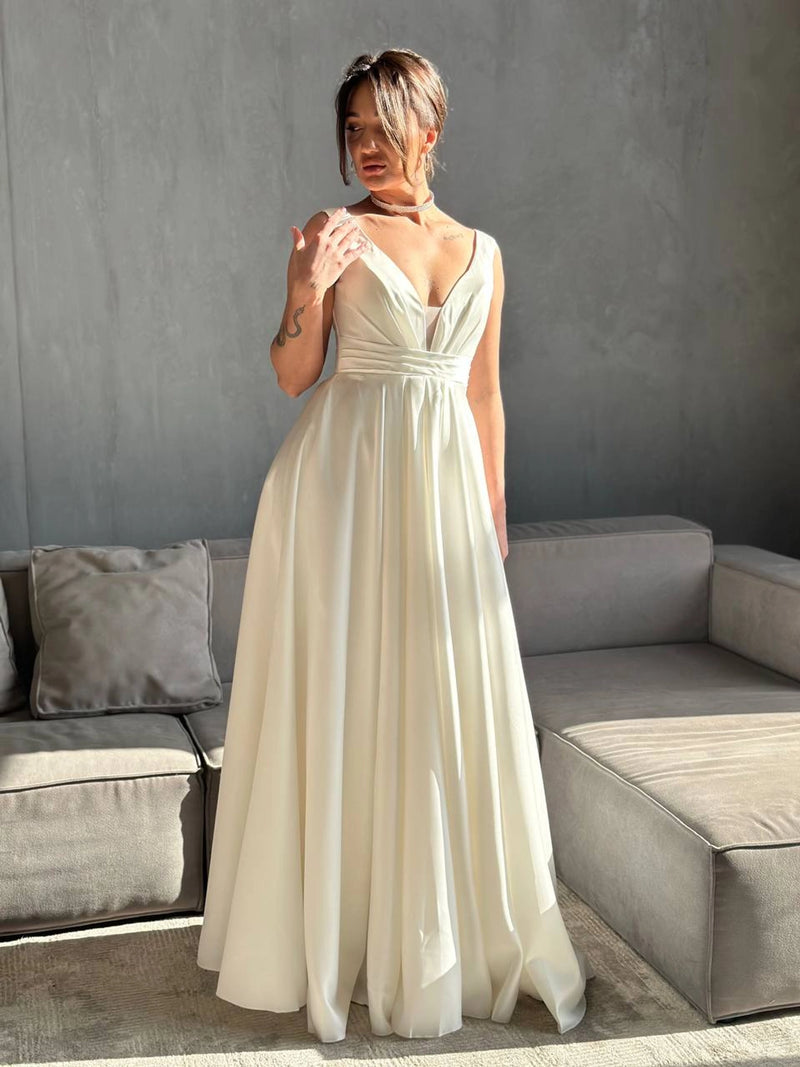 Minimalist Wedding Dress with Deep V-Neck | Fairytale Lace Corset | Satin Boho Bridal Gown
