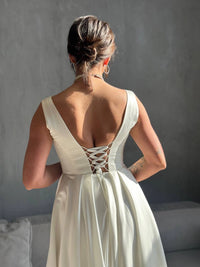Minimalist Wedding Dress with Deep V-Neck | Fairytale Lace Corset | Satin Boho Bridal Gown