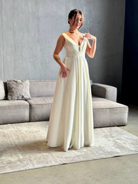 Minimalist Wedding Dress with Deep V-Neck | Fairytale Lace Corset | Satin Boho Bridal Gown