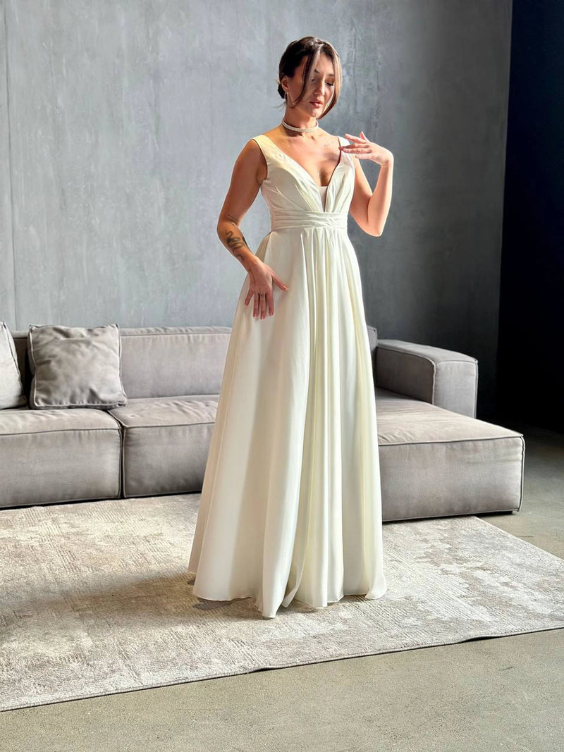 Minimalist Wedding Dress with Deep V-Neck | Fairytale Lace Corset | Satin Boho Bridal Gown