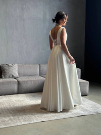 Minimalist Wedding Dress with Deep V-Neck | Fairytale Lace Corset | Satin Boho Bridal Gown