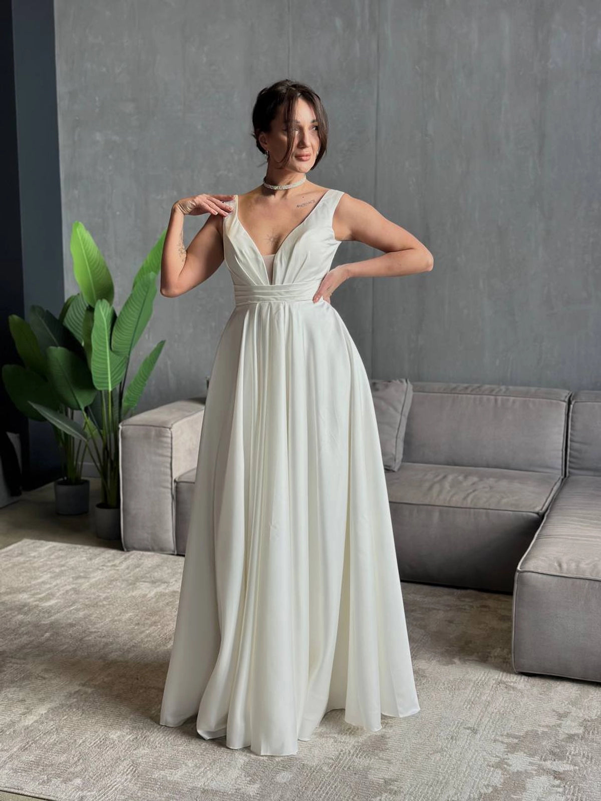 Minimalist Wedding Dress with Deep V-Neck | Fairytale Lace Corset | Satin Boho Bridal Gown