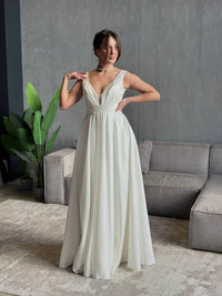 Minimalist Wedding Dress with Deep V-Neck | Fairytale Lace Corset | Satin Boho Bridal Gown