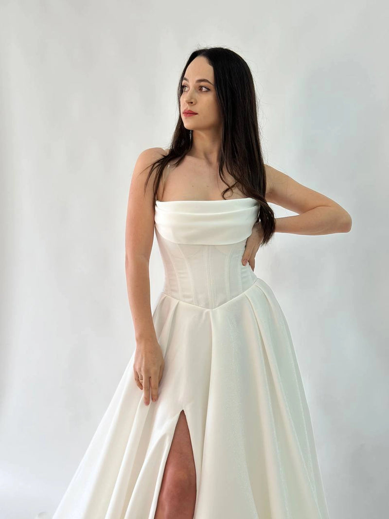 Royal Satin Corset Dress with Lace-Up Back | High Slit Elegant Evening Gown