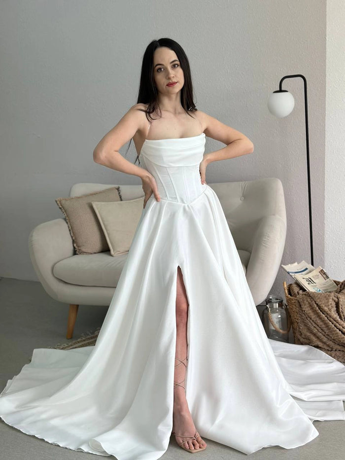 Royal Satin Corset Dress with Lace-Up Back | High Slit Elegant Evening Gown