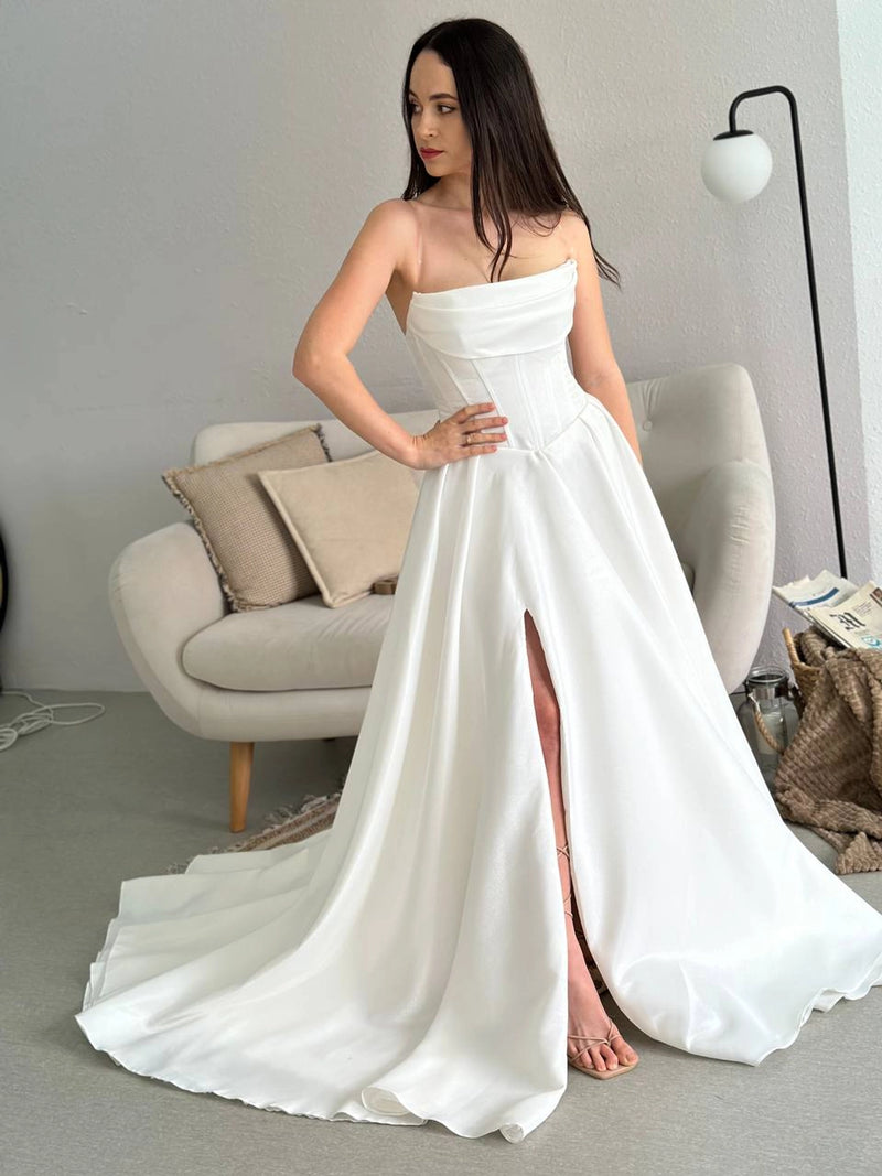 Royal Satin Corset Dress with Lace-Up Back | High Slit Elegant Evening Gown