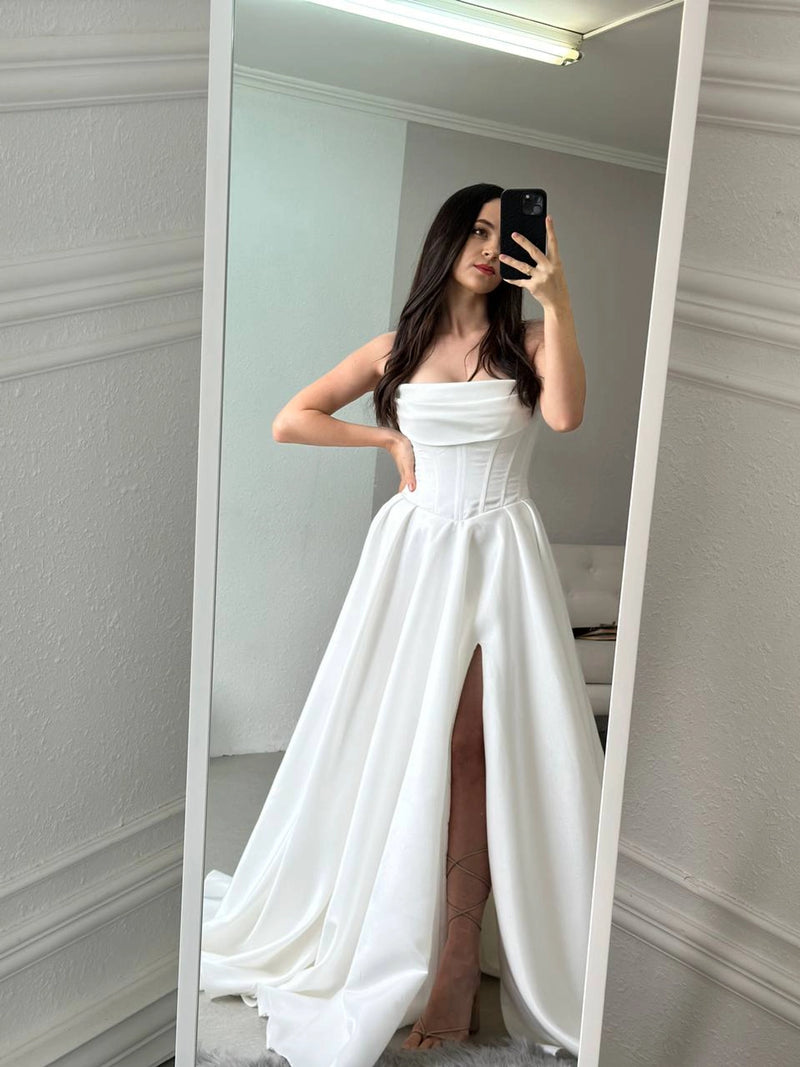 Royal Satin Corset Dress with Lace-Up Back | High Slit Elegant Evening Gown