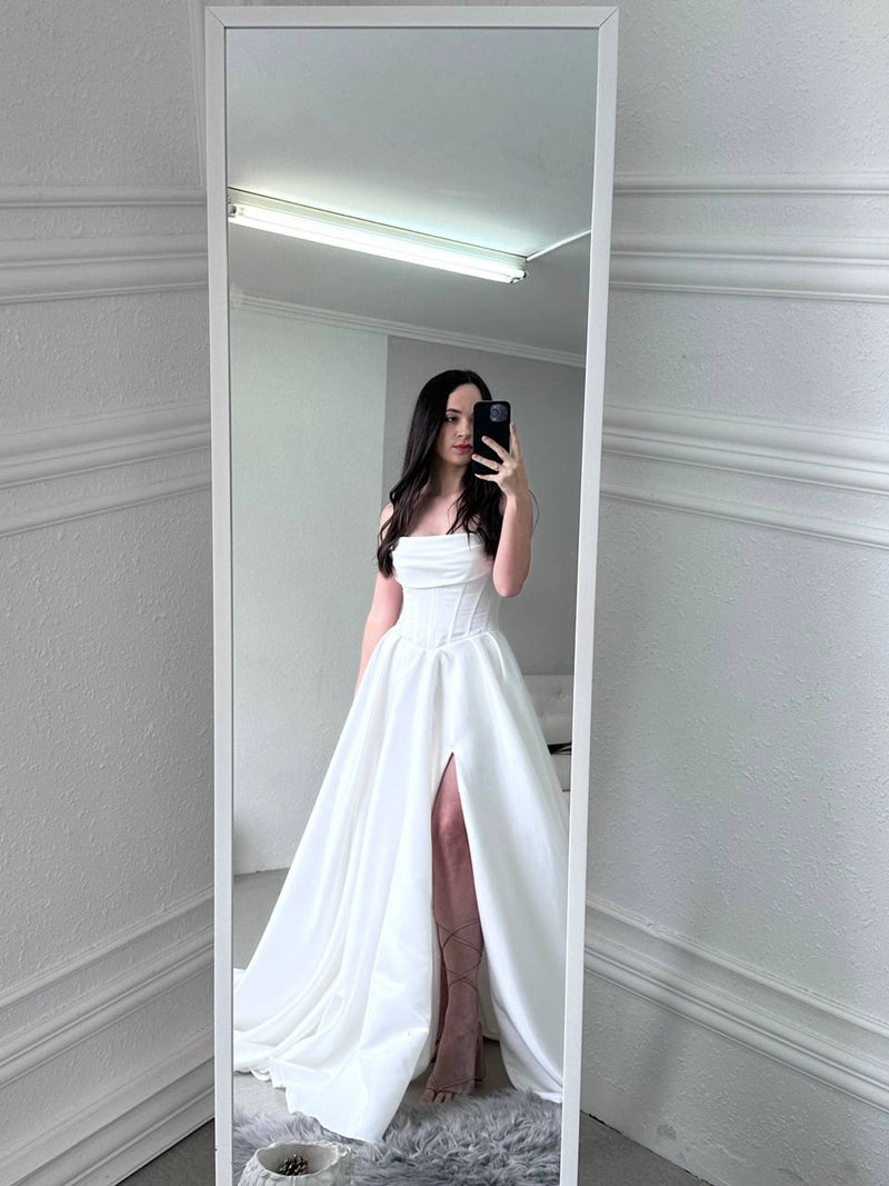 Royal Satin Corset Dress with Lace-Up Back | High Slit Elegant Evening Gown