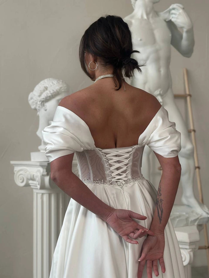 Hand Embroidered Satin Corset Dress | Pleated Lace-Up Back Formal Gown | Elegant Evening Wear