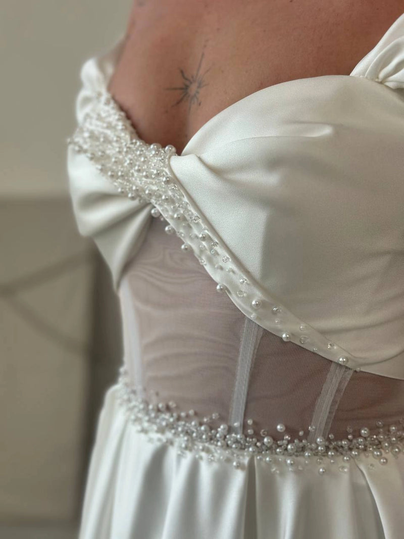 Hand Embroidered Satin Corset Dress | Pleated Lace-Up Back Formal Gown | Elegant Evening Wear