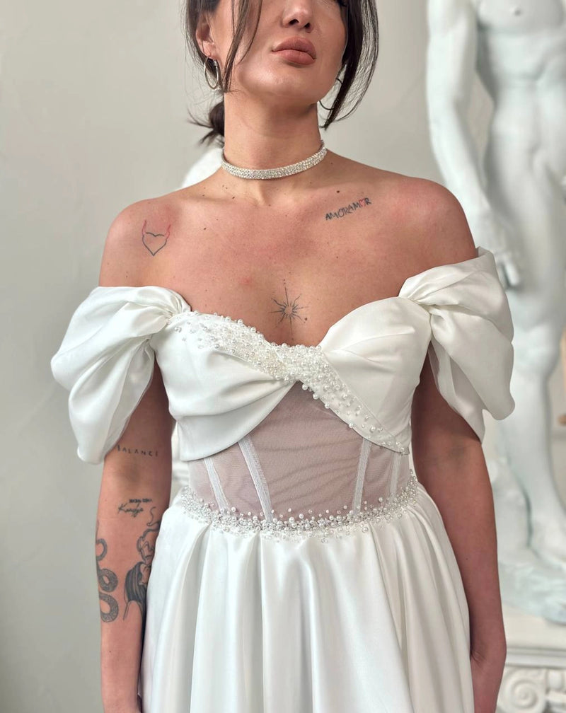 Hand Embroidered Satin Corset Dress | Pleated Lace-Up Back Formal Gown | Elegant Evening Wear